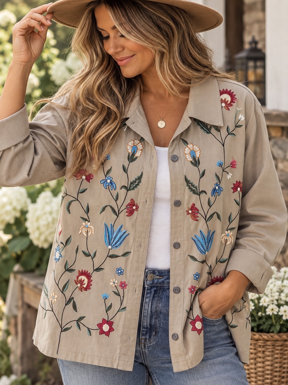 Country Store 3X Embroidered Floral Button Front Cotton Jacket Shacket Boho Folk